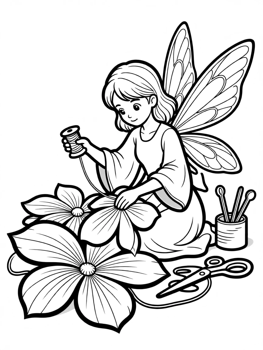A fairy seamstress using spider silk thread to sew flower petal clothes