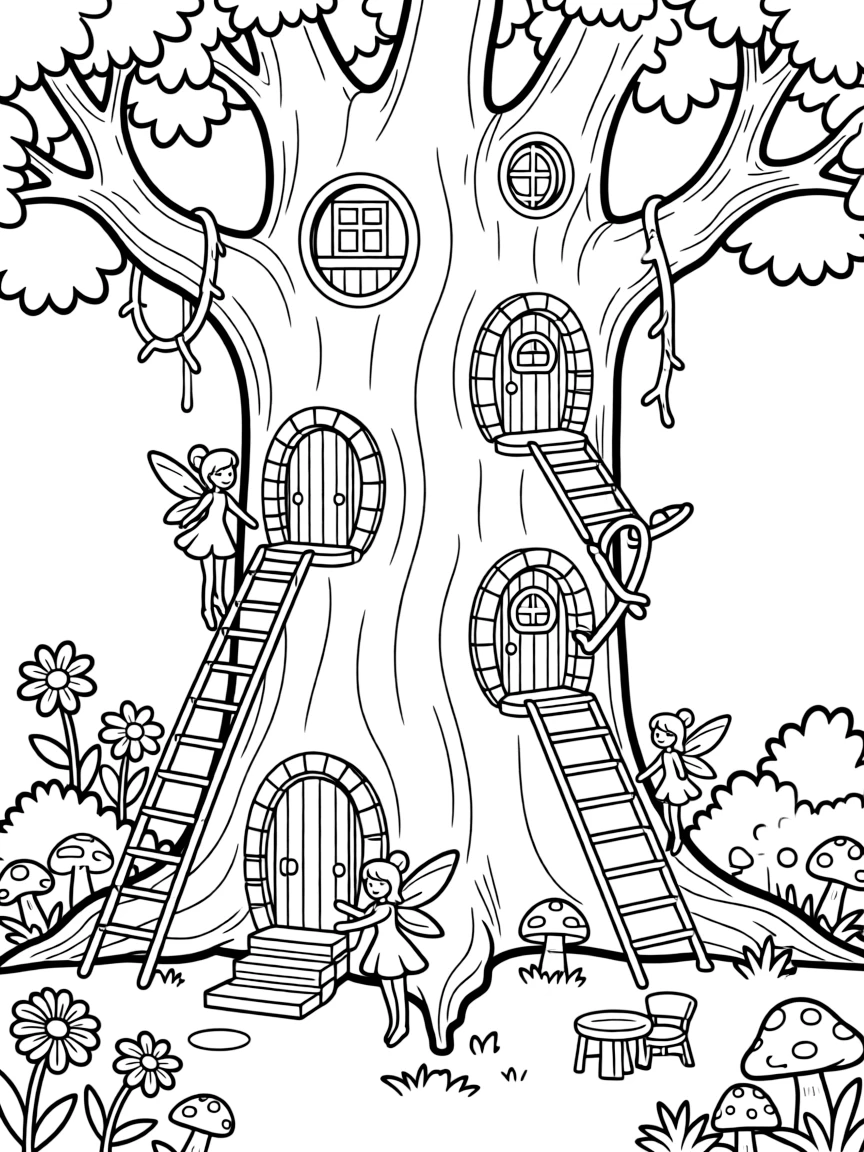 A fairy village built into the hollows of an ancient oak tree