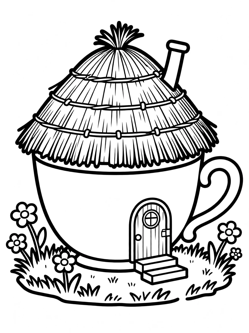 A fairy house made from a teacup with a thatched roof of woven grass