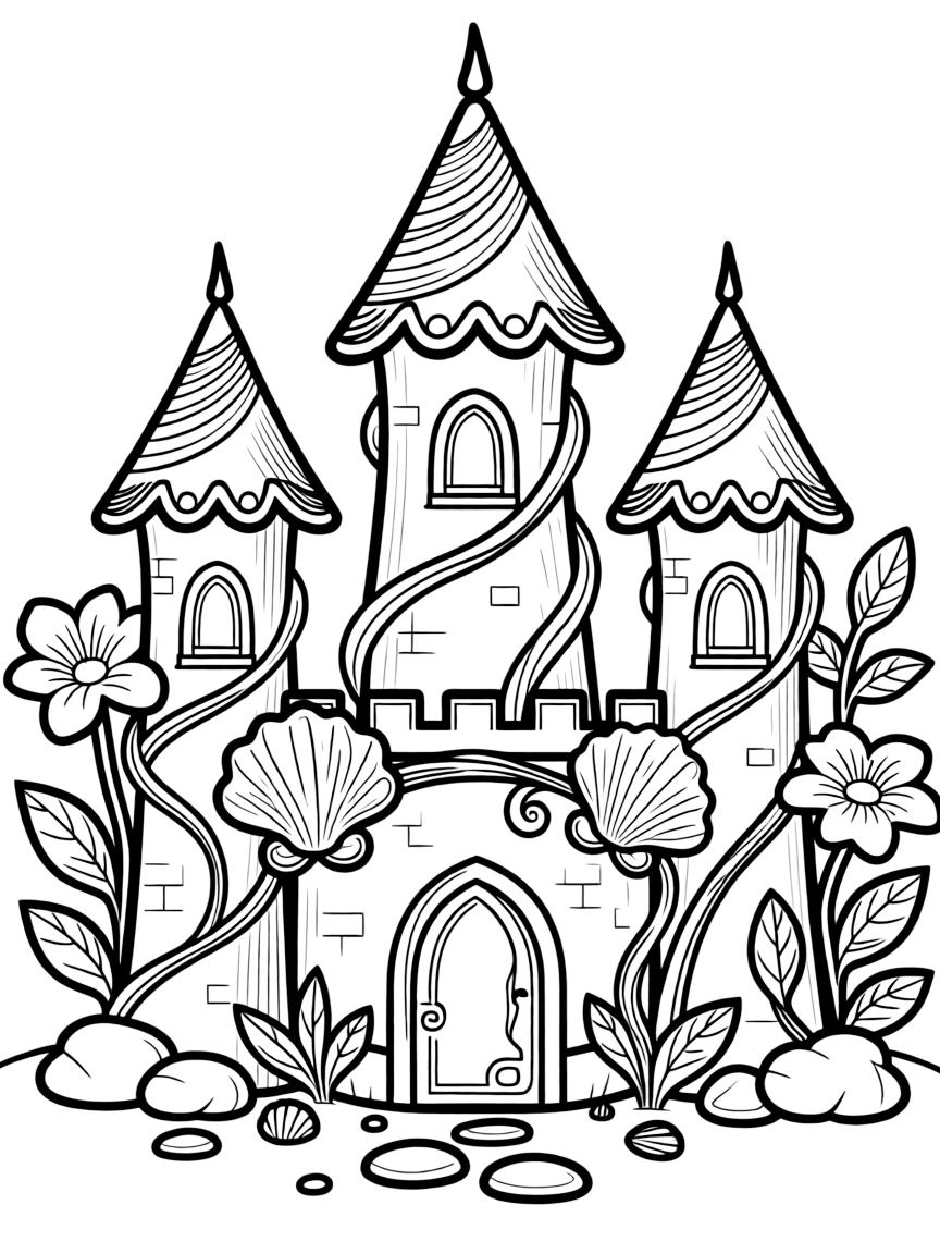 An elaborate fairy castle with towers made of twisting vines and seashells