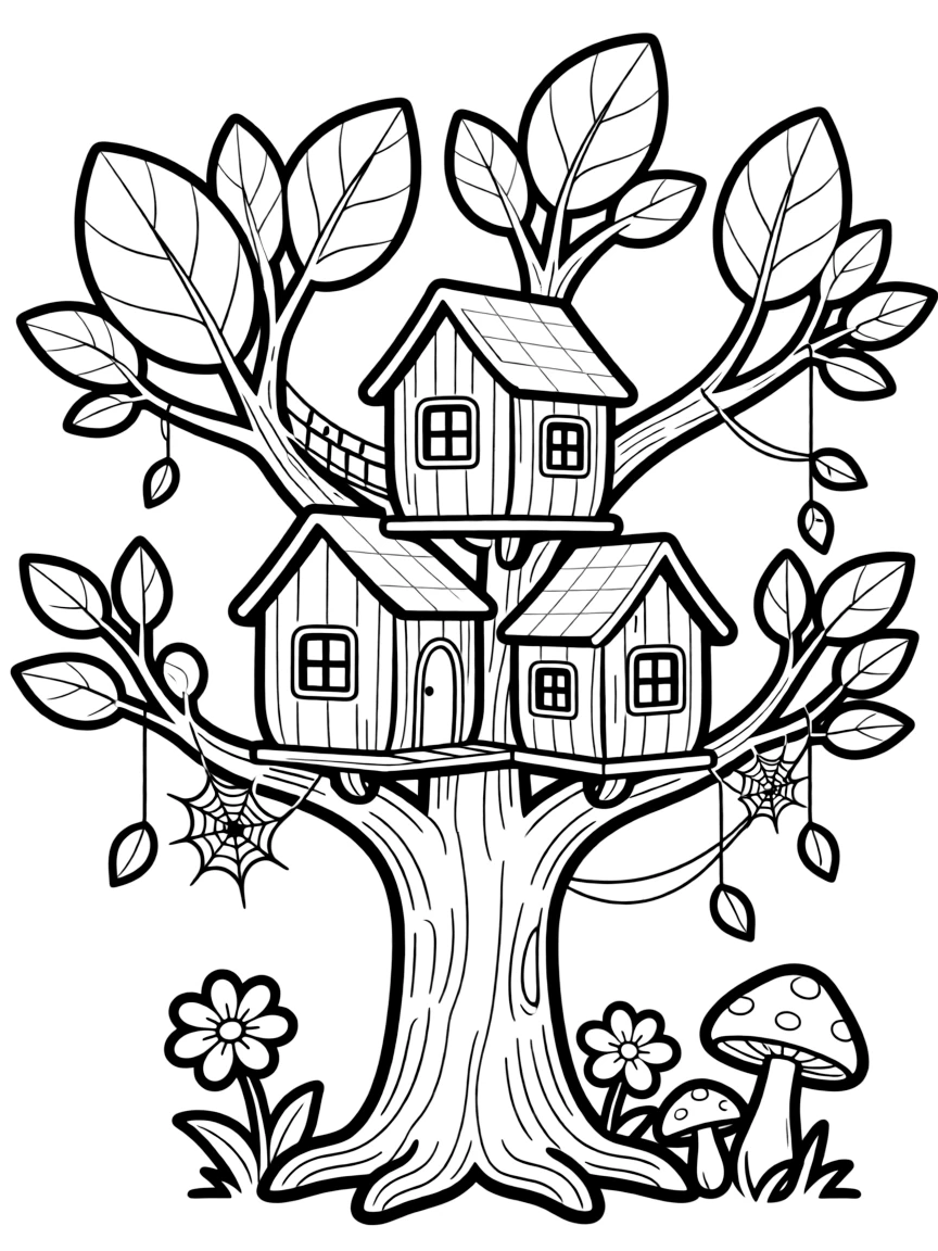A fairy treehouse connected by spider silk bridges between branches