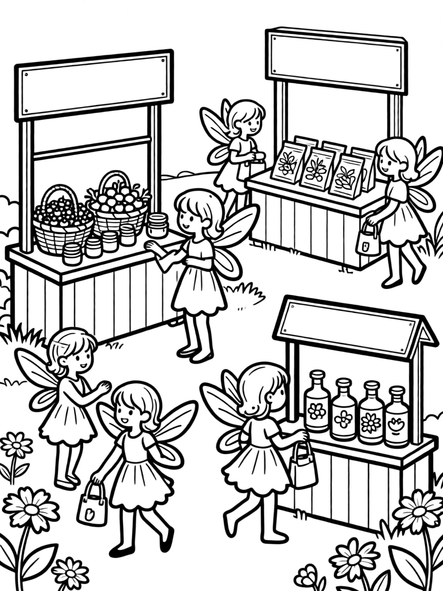 A fairy marketplace with stands selling berries, seeds, and flower nectar