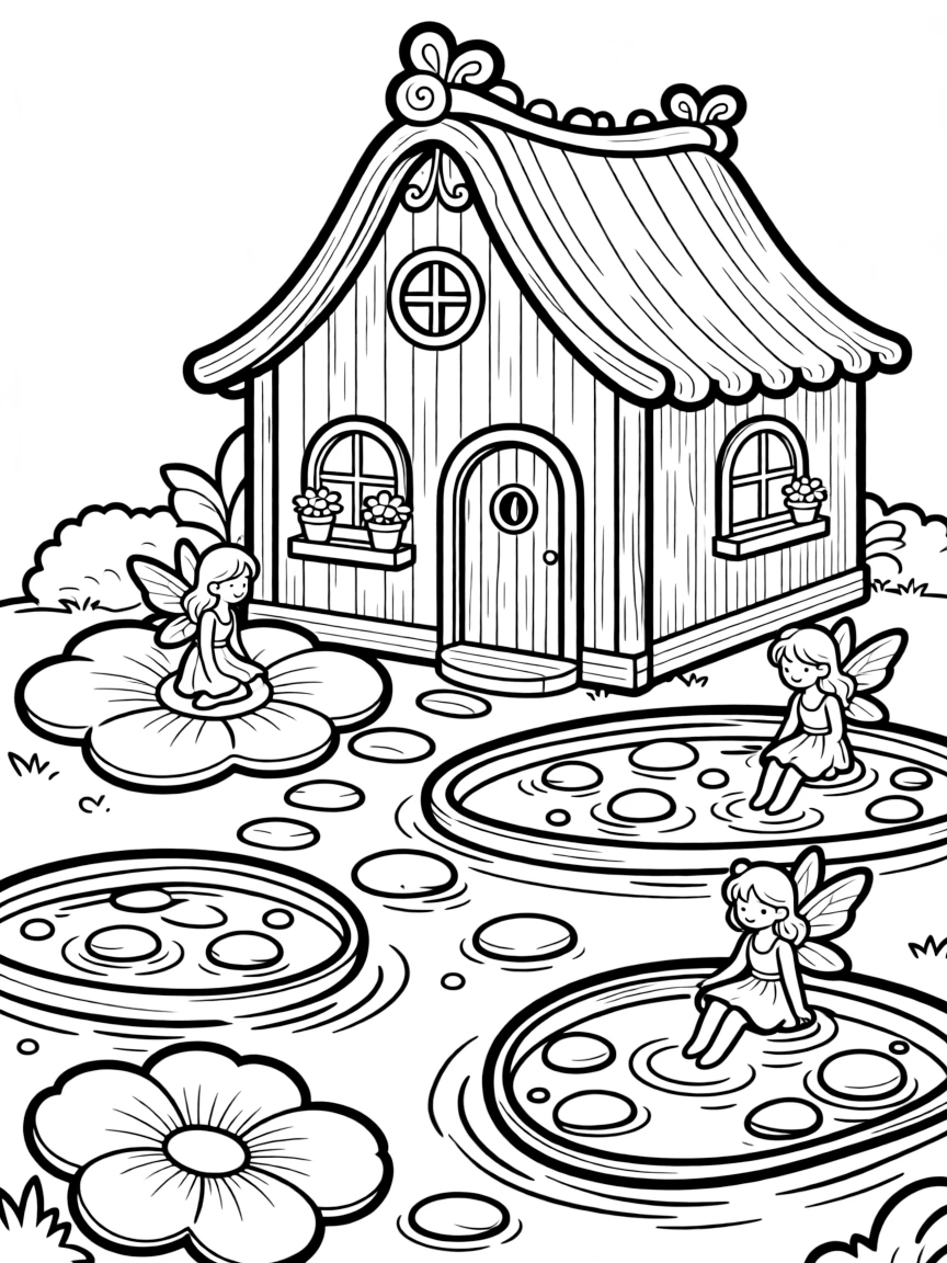 A fairy bathhouse with dewdrop pools and flower petal towels