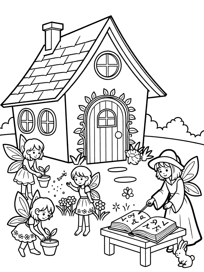 A fairy schoolhouse where young fairies learn magic and plant care