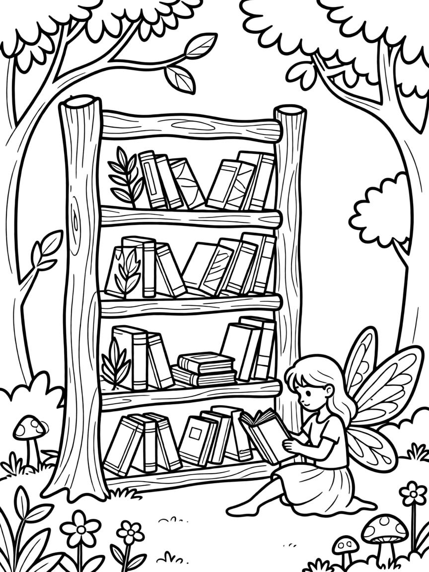 A fairy library with books made from leaves and bark, organized on twig shelves