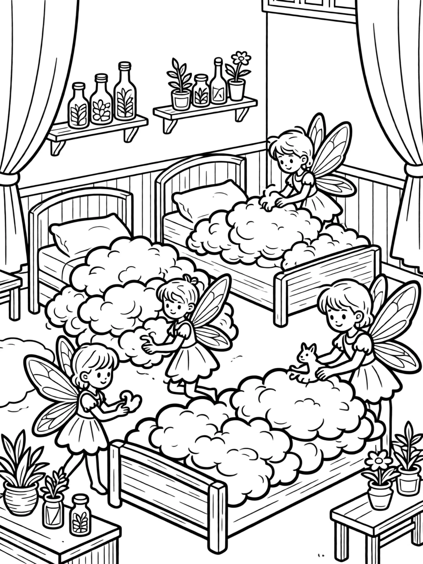 A fairy hospital with beds made of cotton fluff and herbal medicine stations
