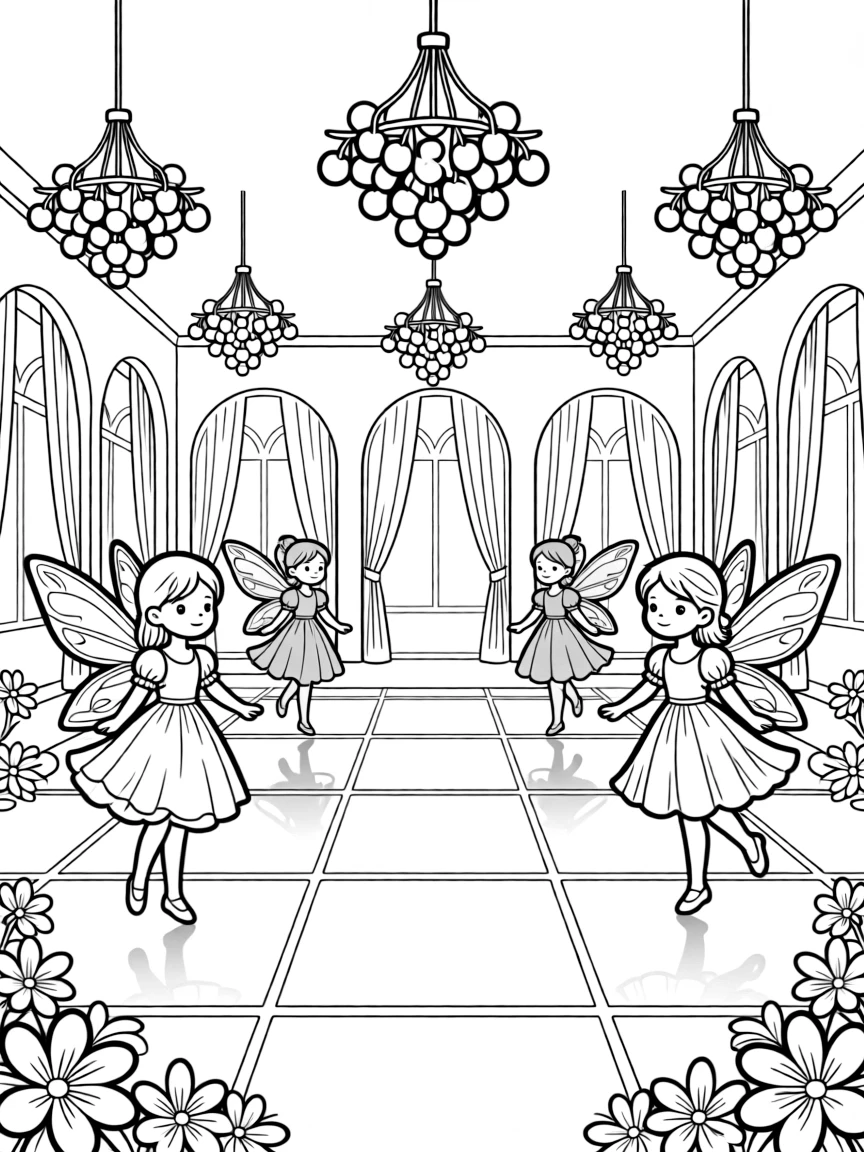 A fairy ballroom with a floor of polished stone and chandeliers of glowing berries