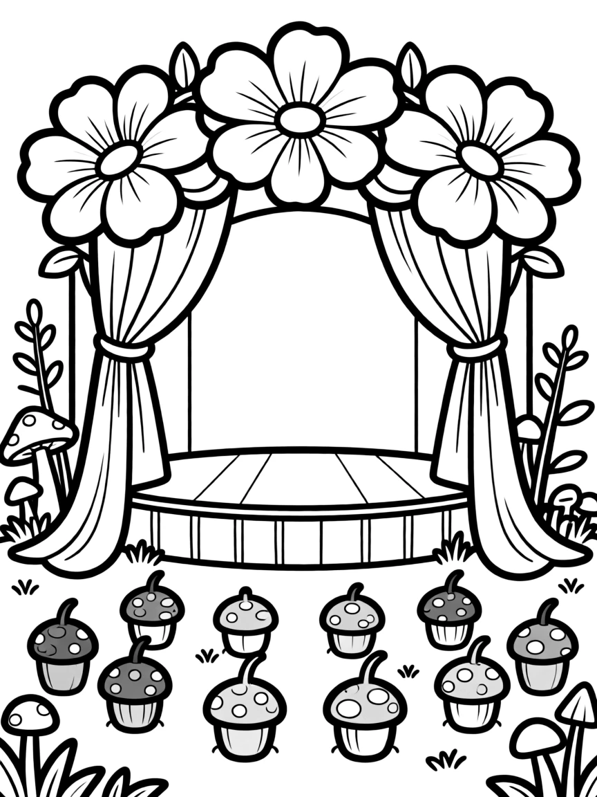 A fairy theater with acorn cap seats and a stage framed by flower curtains
