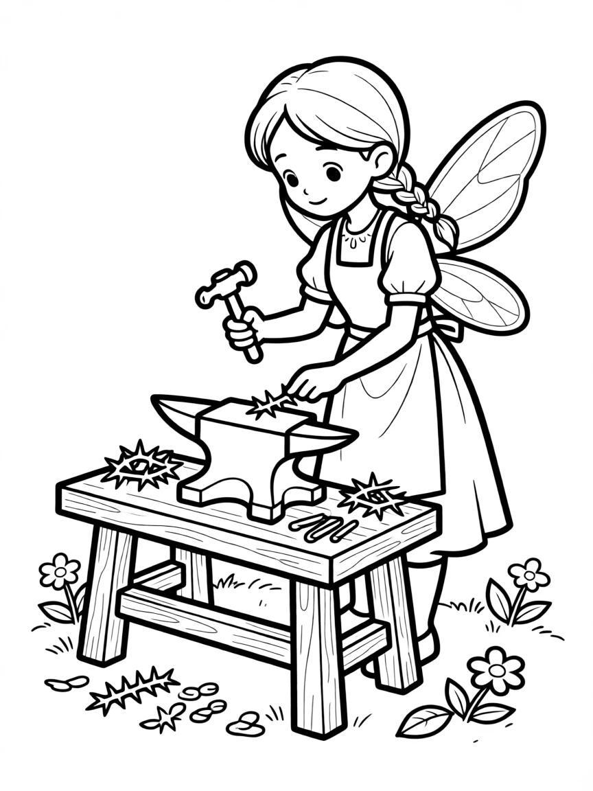A fairy blacksmith forging tiny tools from thorns and bits of metal