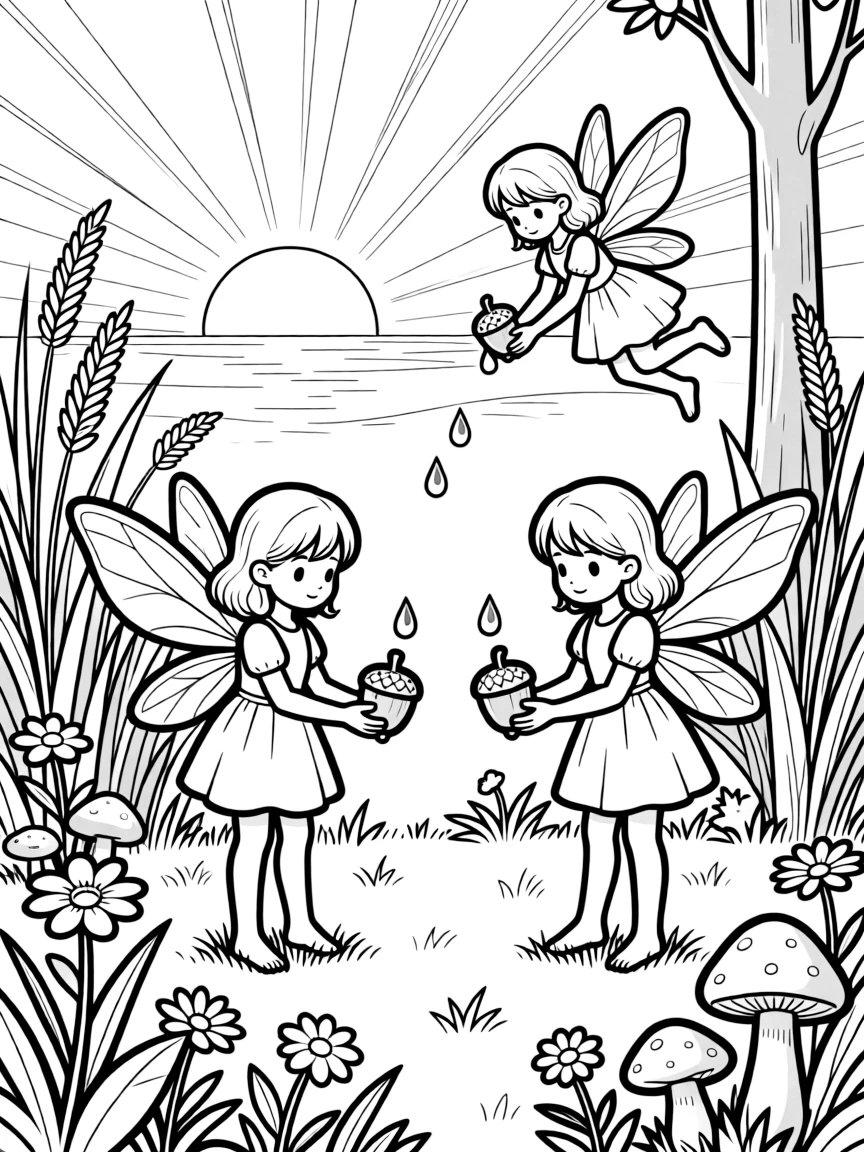 Fairies collecting morning dew in acorn caps at sunrise
