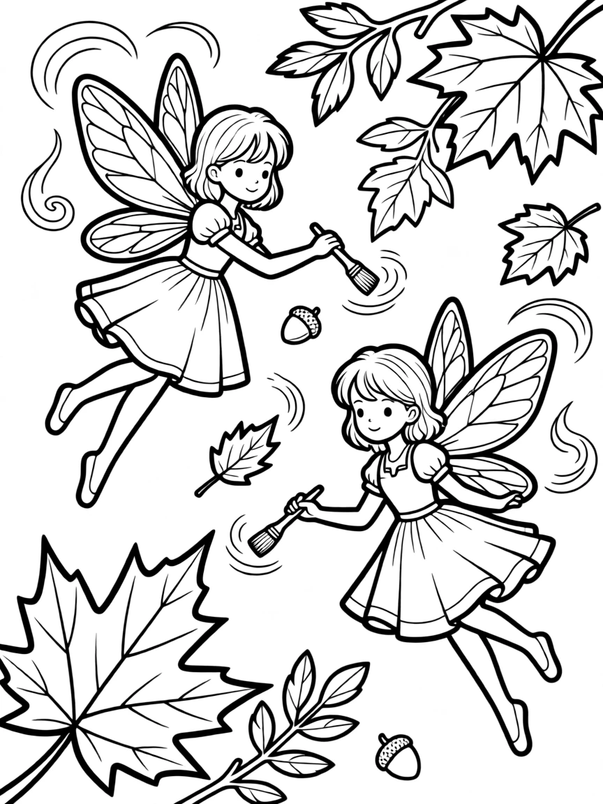 Fairies painting autumn colors onto falling leaves