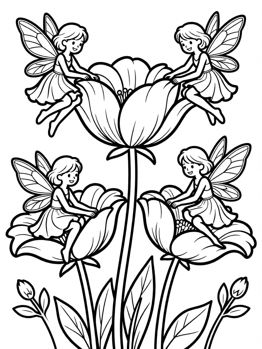 Fairies helping flowers bloom by gently pulling open petals