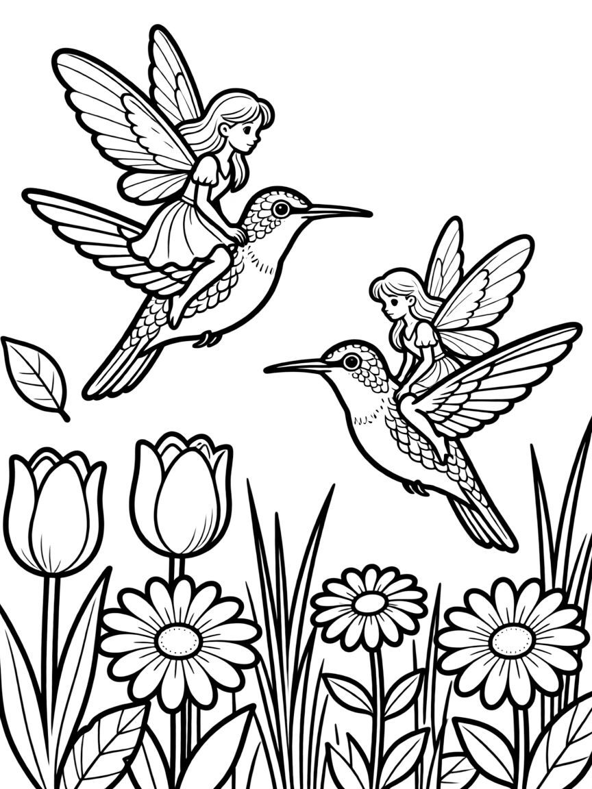 Fairies riding on the backs of hummingbirds through a garden