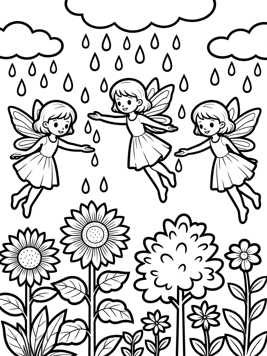 Fairies directing raindrops to thirsty plants during a light shower