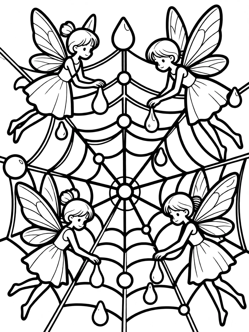 Fairies polishing dewdrops on a spider's web to make them sparkle