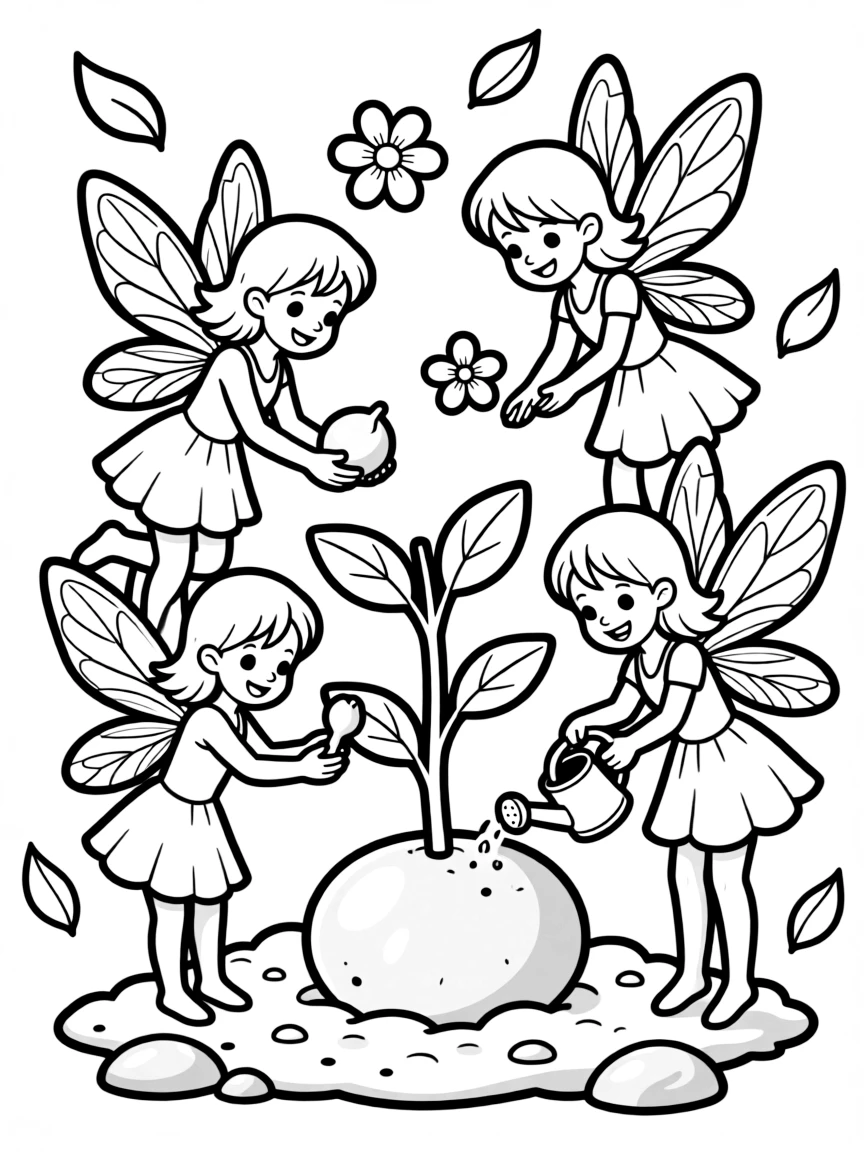 Fairies working together to help a seed sprout into a sapling