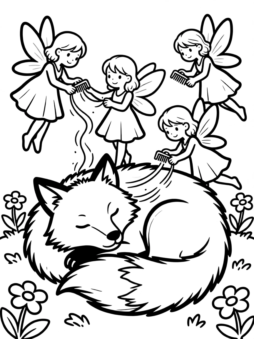 Fairies untangling the fur of a sleeping fox with tiny combs