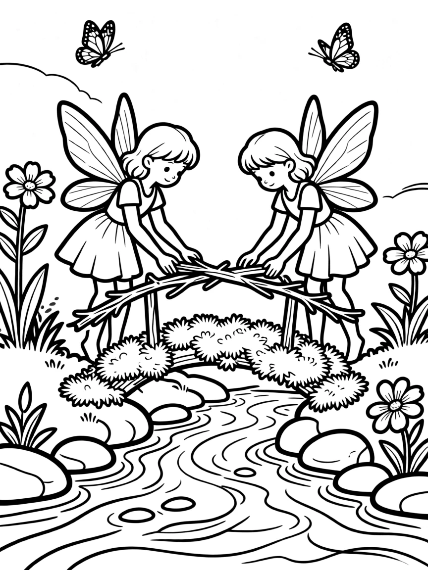 Fairies building a bridge across a stream using twigs and moss
