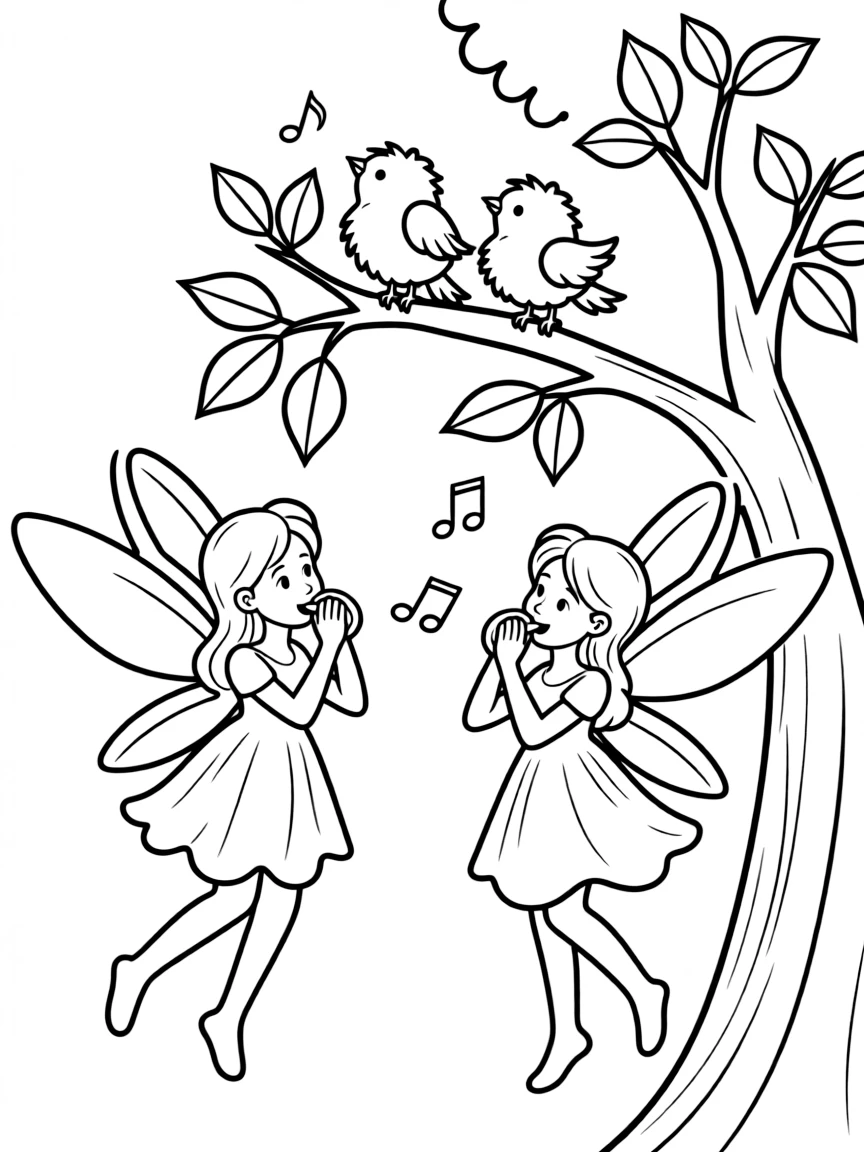 Fairies teaching baby birds to sing by whistling melodies