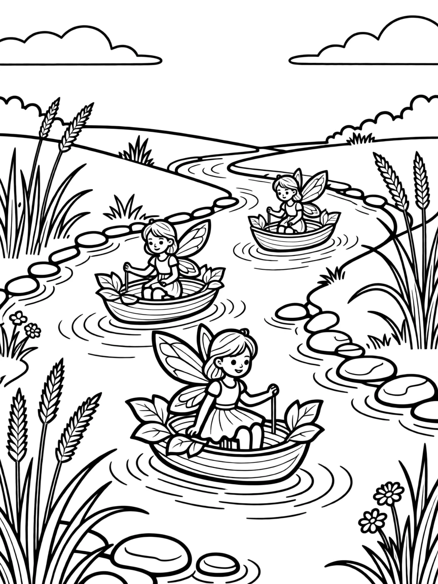 Fairies using seedpods as boats to navigate down a gentle brook