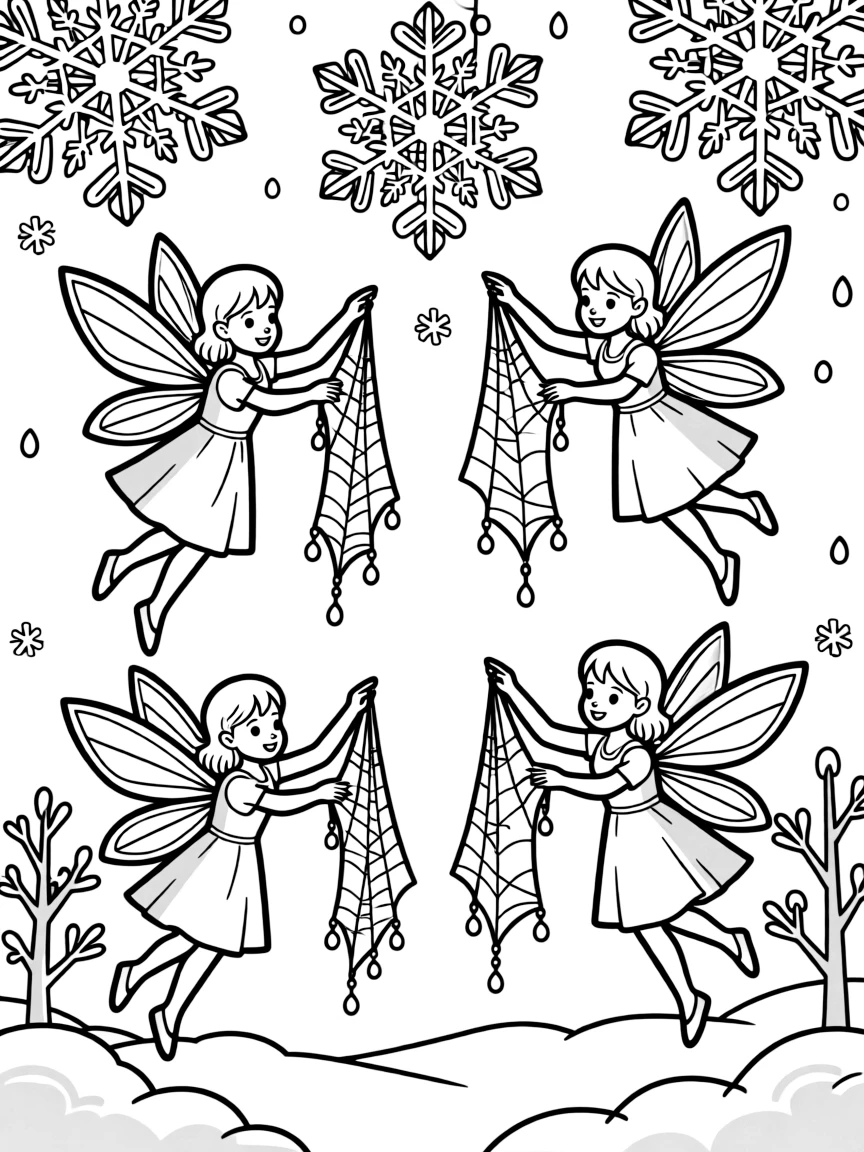 Fairies catching snowflakes on special collection cloths of spider silk