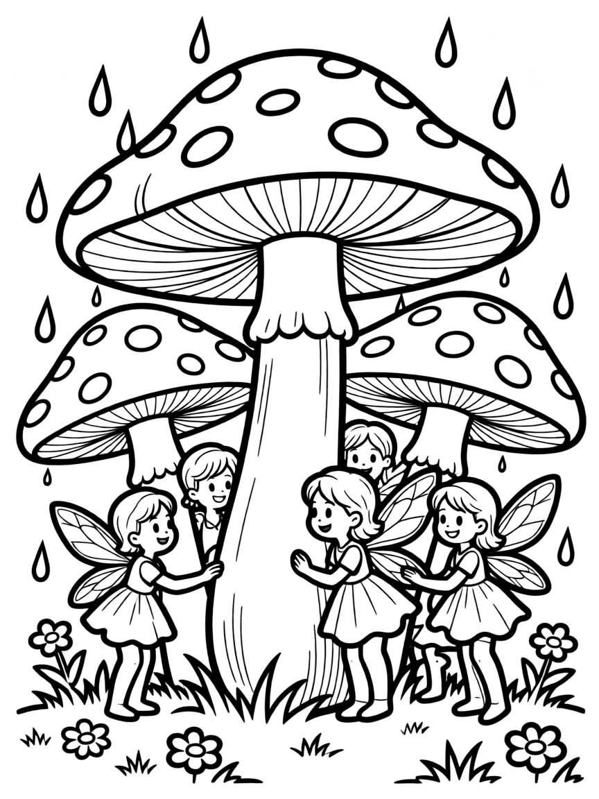 Fairies sheltering from rain under large toadstools with spotted caps