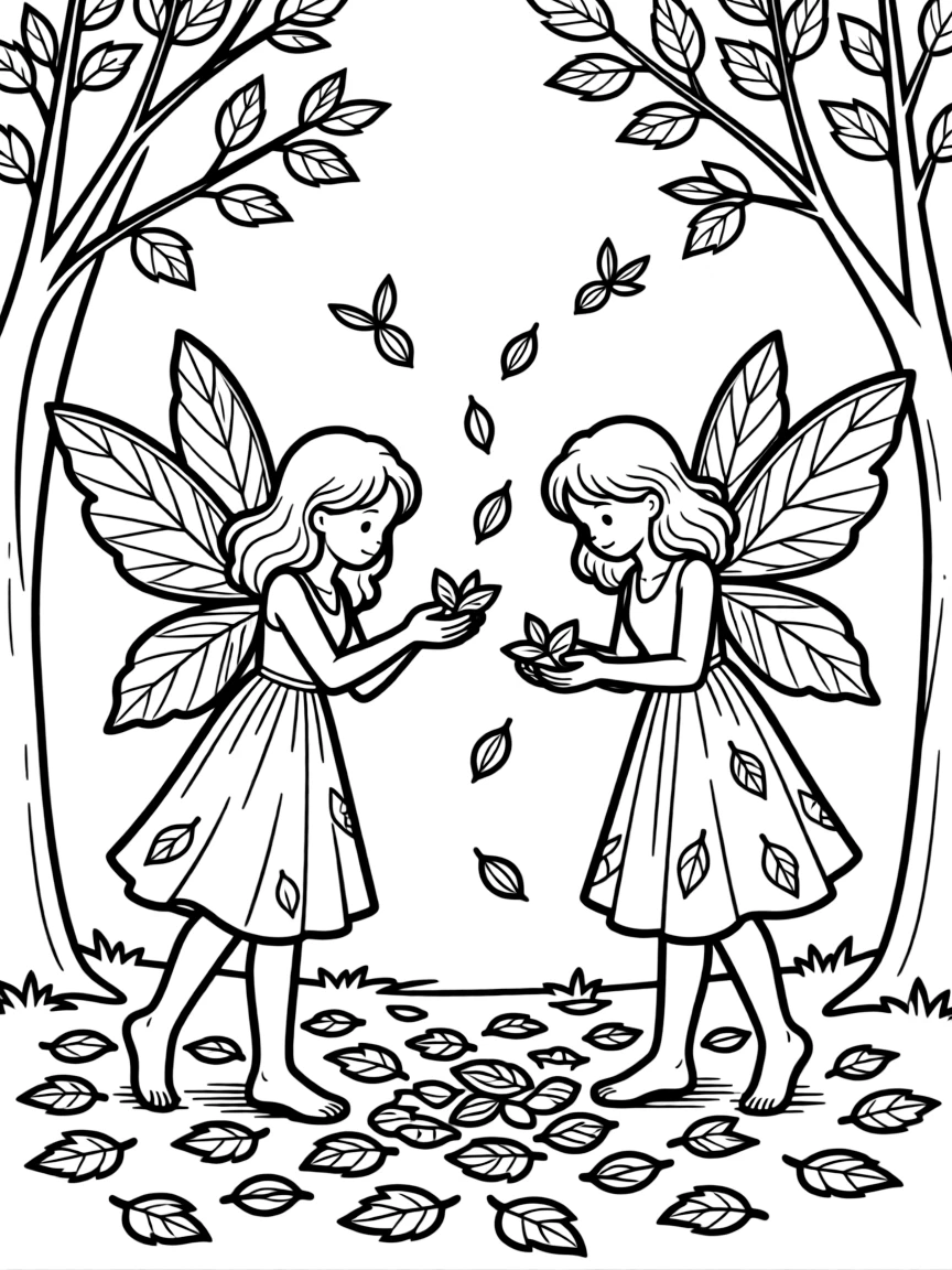 Autumn fairies with leaf-shaped wings collecting falling seeds