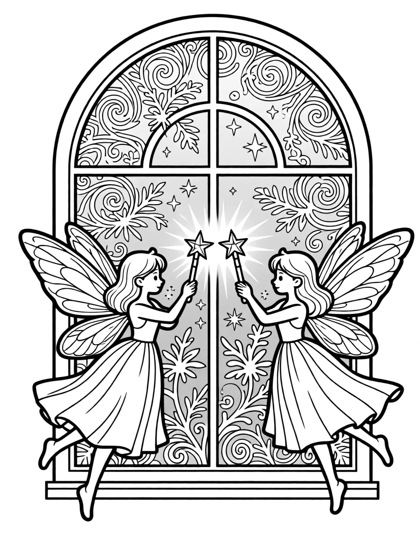 Winter fairies with crystal wands creating frost patterns on windows