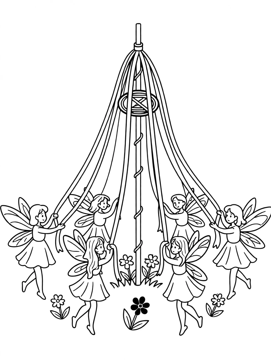 May Day fairies dancing around a miniature maypole made of a twig and ribbons