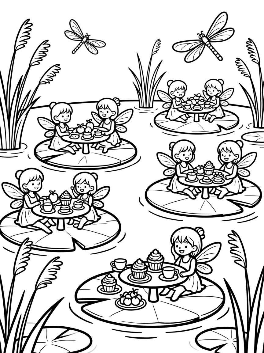 Midsummer fairies celebrating with a feast on lily pad tables