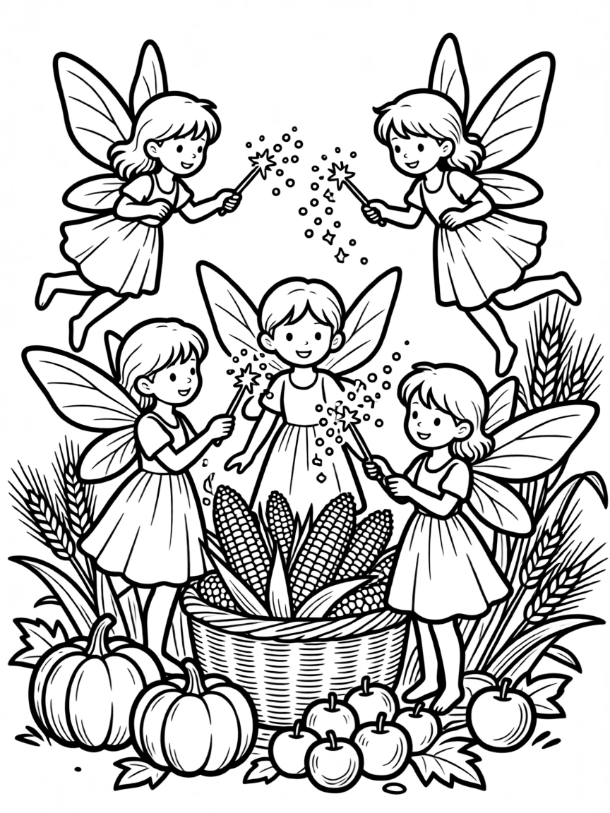 Harvest fairies counting and blessing the gathered crops