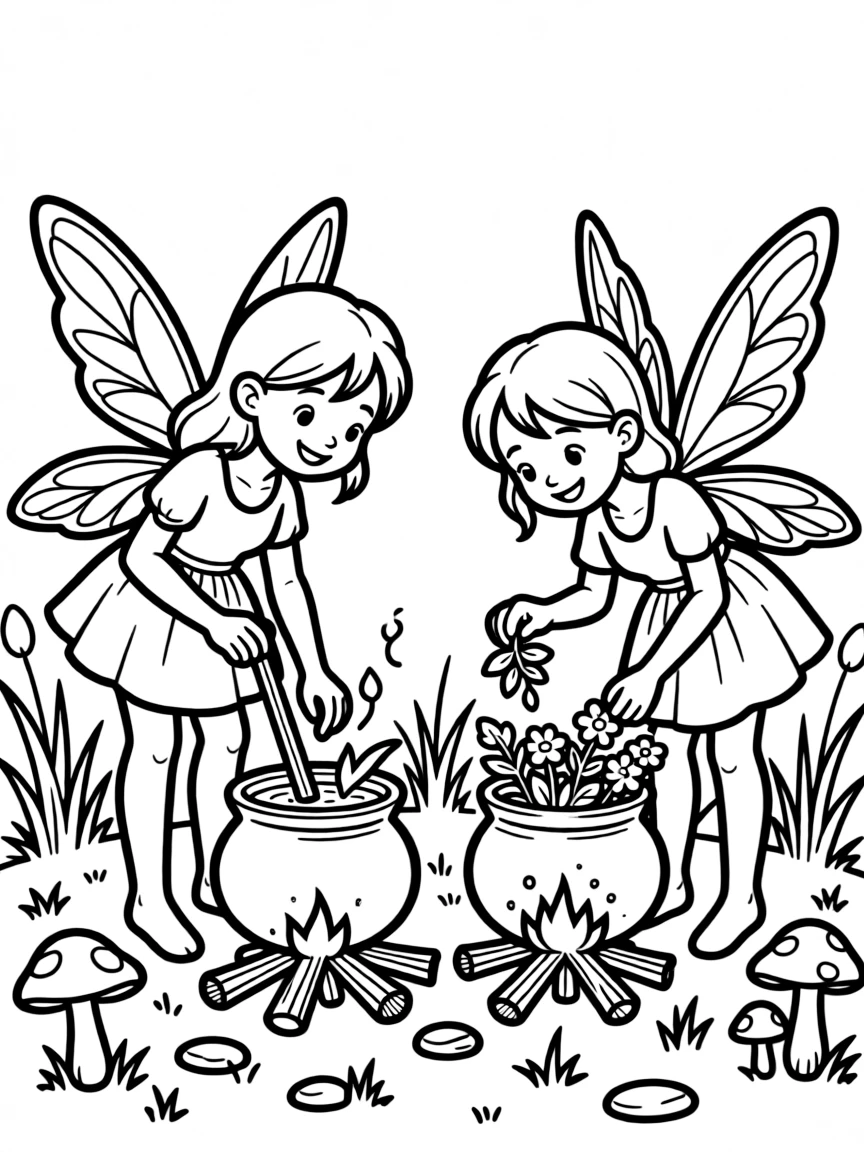 Fairies brewing potions in acorn cap cauldrons over tiny fires