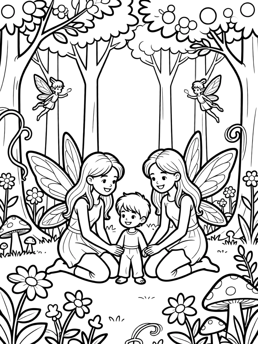 Fairies teaching a young child to see magical creatures in the woods