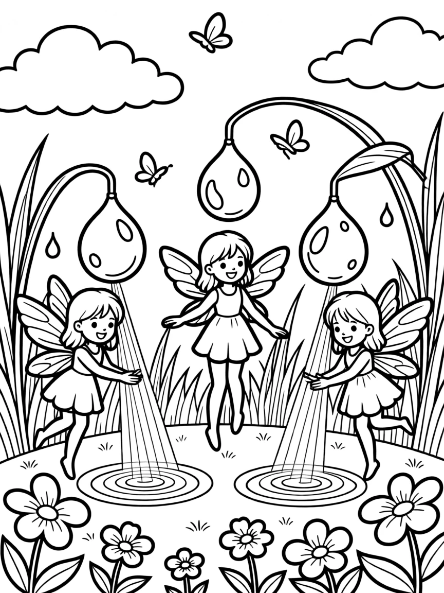 Fairies creating rainbow pools by splitting light through dewdrops