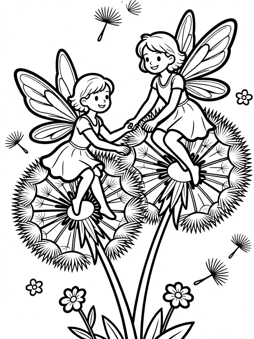 Fairies riding on dandelion seeds floating through the air