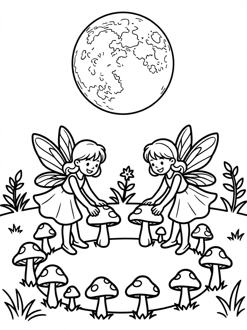 Fairies creating fairy rings of mushrooms under the moonlight
