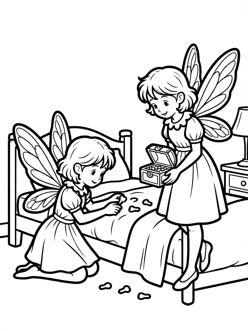 Fairies collecting teeth to exchange for treasures under pillows