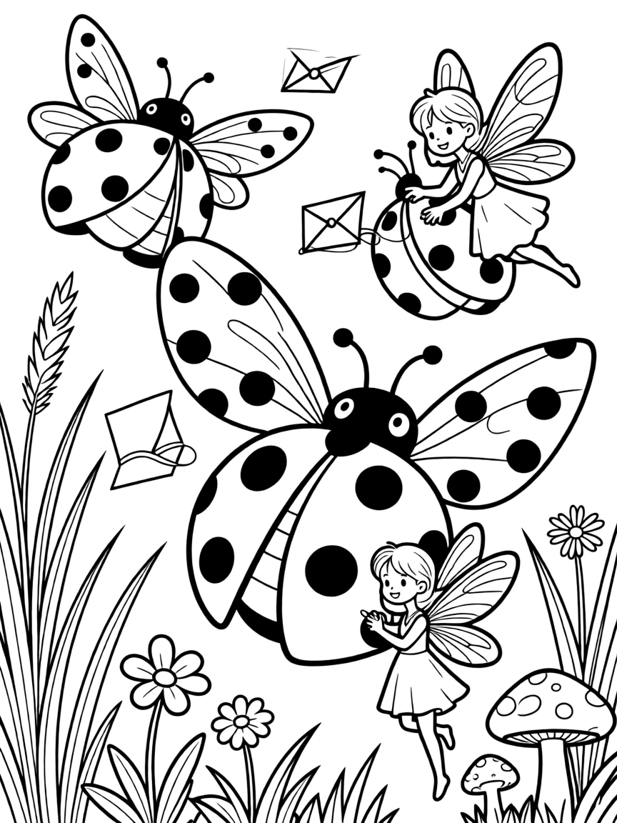 Fairies training ladybugs to carry messages between fairy communities