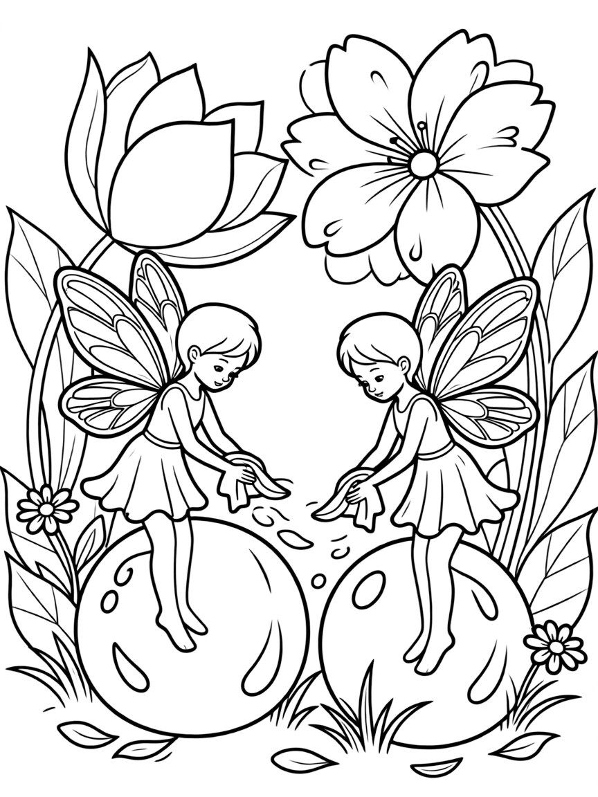 Fairies bathing in dewdrops, using flower petals as washcloths