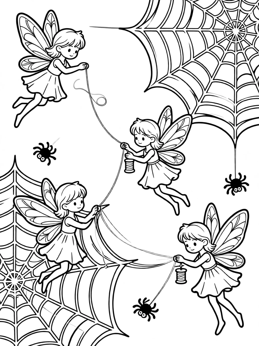 Fairies spinning spider silk into beautiful thread for weaving