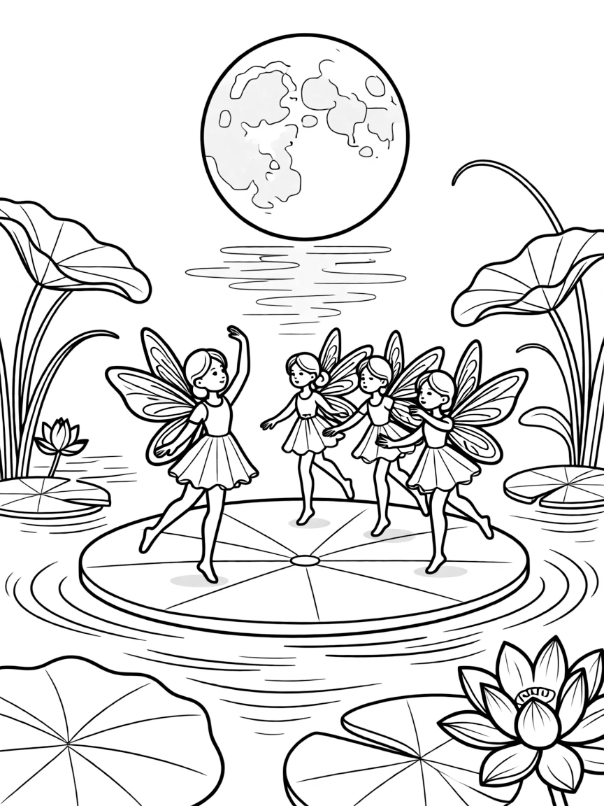 Fairies conducting a moonlight dance class on a lily pad