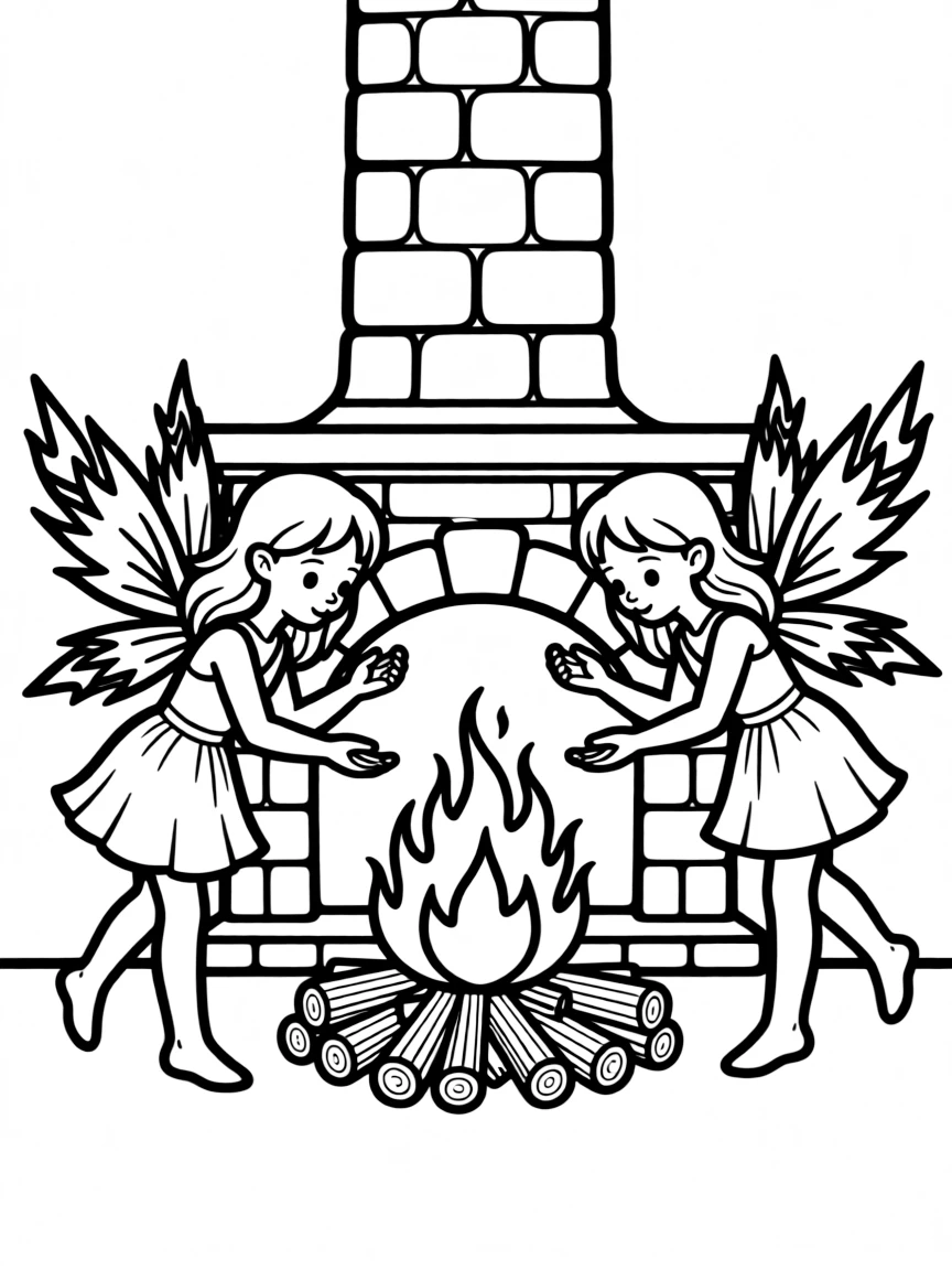 Fire fairies with ember-like wings tending to hearth flames