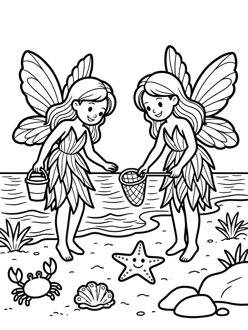 Ocean fairies with seaweed clothes helping shore creatures during low tide