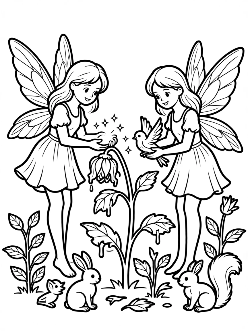 Healing fairies with glowing hands mending broken plants and animals