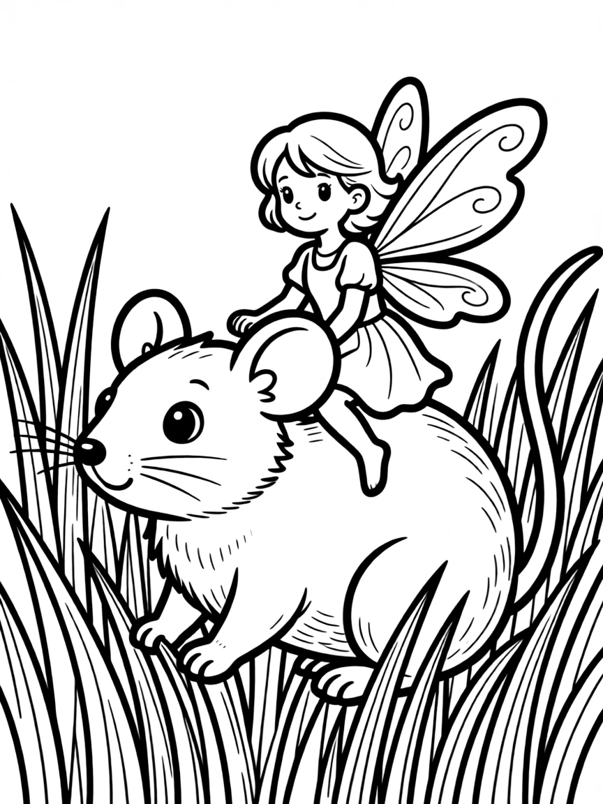 A fairy riding a friendly mouse through tall grass