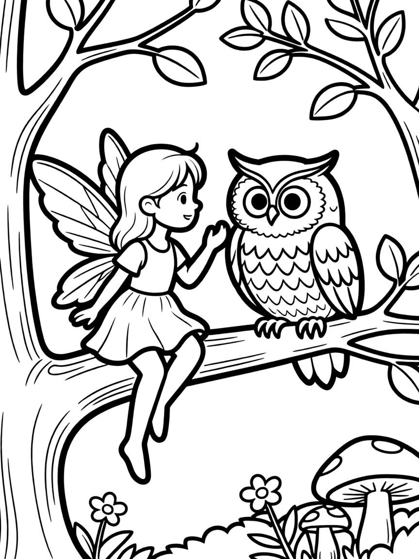 A fairy communicating with a wise old owl about forest news