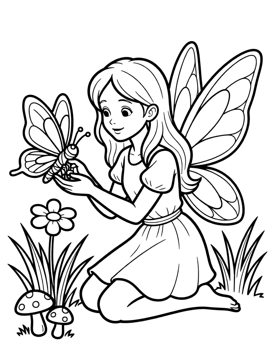 A fairy tending to a wounded butterfly with bandages made of spider silk