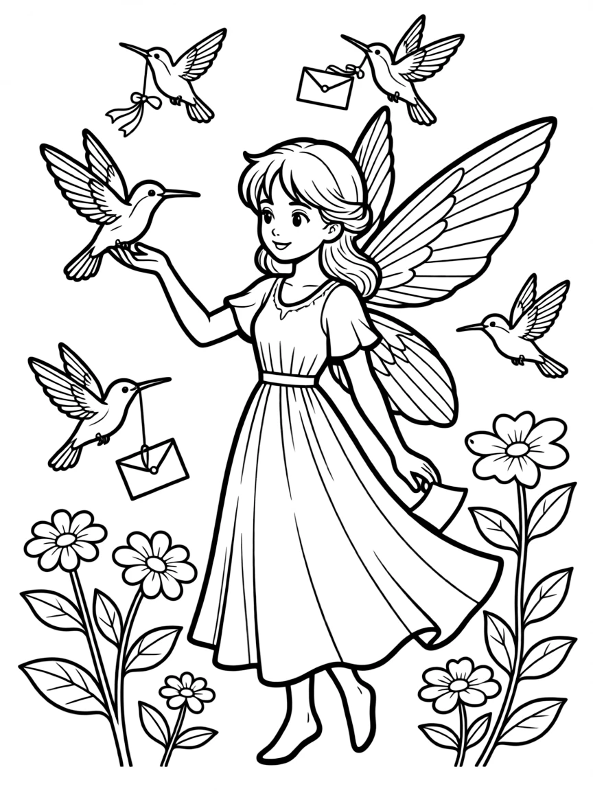 A fairy training hummingbirds to deliver urgent messages