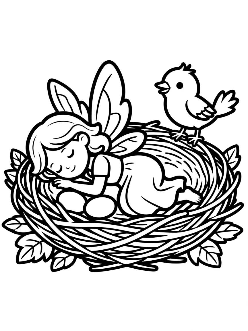 A fairy sleeping in a bird's nest with permission from its feathered friend