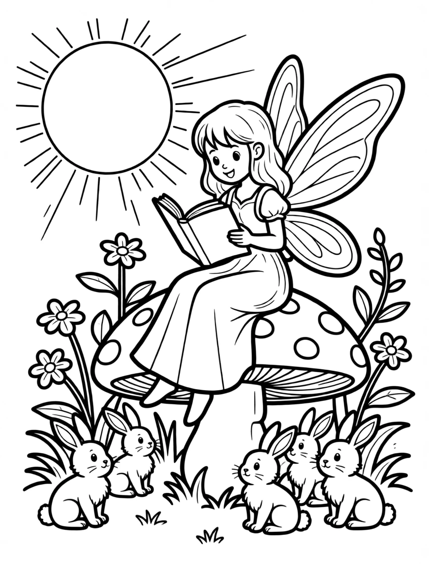 A fairy reading stories to attentive rabbit kits in the moonlight